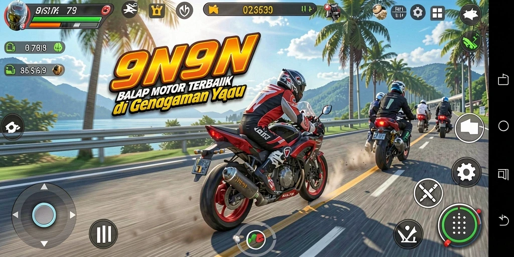 Screenshot game 9N9N menampilkan aksi balap motor yang seru.
