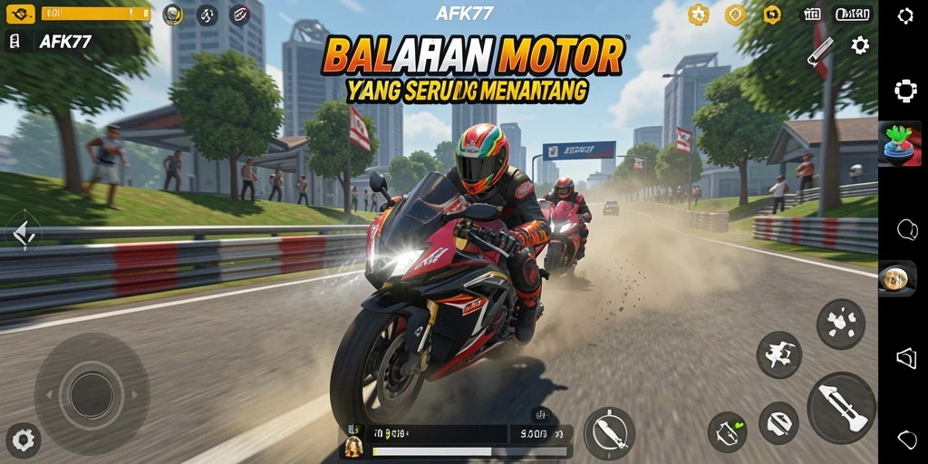 Tangkapan layar gameplay AFK77 yang menunjukkan balapan penuh aksi.