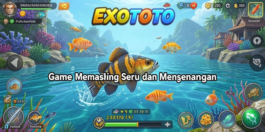 Tampilan gameplay EXOTOTO dengan berbagai lokasi memancing yang menarik.