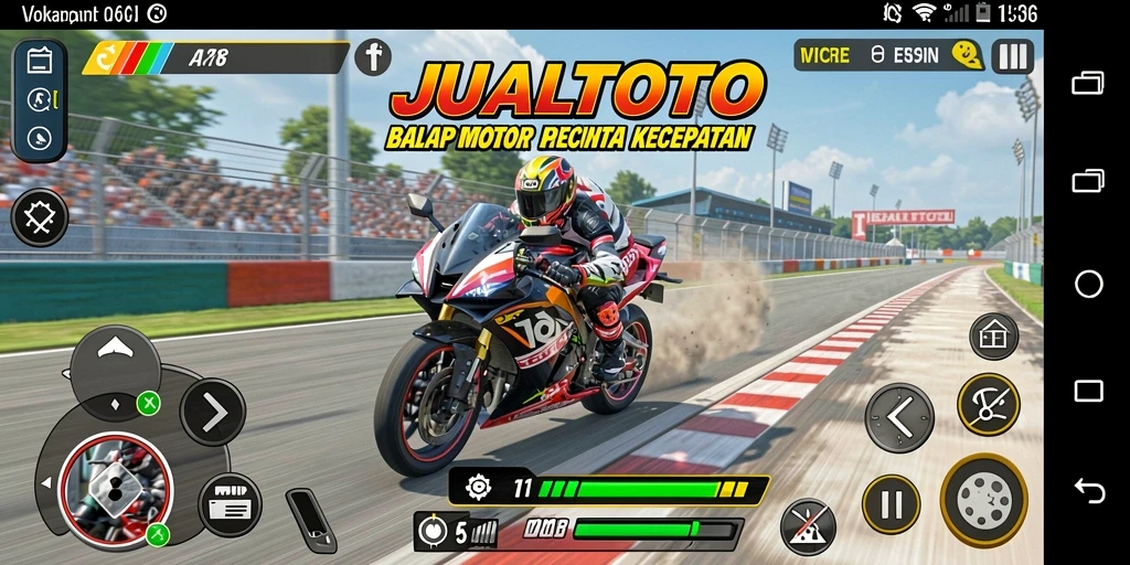 Screenshot gameplay <strong>JUALTOTO</strong> menunjukkan aksi balap motor yang mendebarkan.