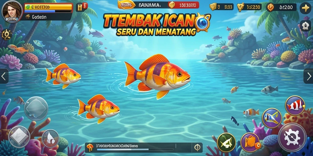 Tampilan gameplay KOITOTO menembak ikan di lautan luas.