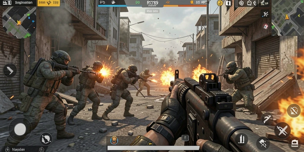 Screenshot gameplay intens dari RR789 menunjukkan aksi tembak-menembak yang seru.